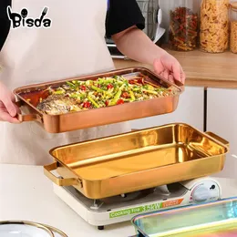 Stainless Steel Golden Grilled Fish Tray Large Capacity Flat Bottom Thickened Fish Deep Plate Barbecue Dish Baked Plate 240410