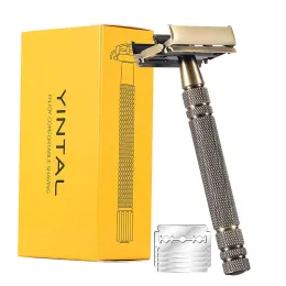 Blades YINTAL Men's Bronze Classic Doublesided Manual Razor Long Handle Brass Safety Razors Shaving 1 Razor 5 Blades