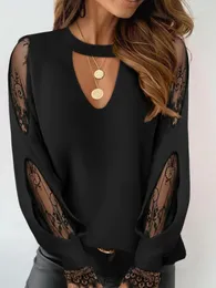 Women's T Shirts Keyhole Neck Hollowed Out Contrasting Lace Top Unique Daily Fashion Long Sleeved
