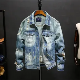 Mens Retro Ripped Denim Jacket Fashion Washed Denim Top Outerwear 240420