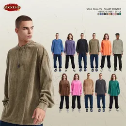 ZODF Retro Men Men с длинным рукавом вымытая хлопчатобумажная футболка Unisex Loose 250GSM Basic Atumn Tees Tops Streetwares HY0394 240409