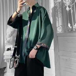 Frames Eoenkky/half Sleeve Men Solid Shirts Summer Casual Oversize Blouses Dark Green Fashion Male Cardigan Vintage Korean Clothing