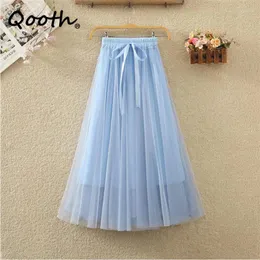 Gonne Qooth Women Elegant Wok Tie Tulle Gonna lunga elastica in rete a-line per primavera QT2321