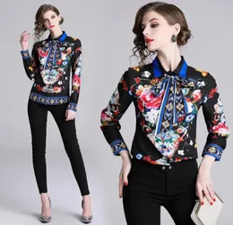 New Spring Fall Runway Women039s Vintage Courtstyle Shirt Bluse Elegant Office Lady Lady Sexy Slim Floral Stampa Cravatta nastro Collar70876097606