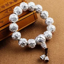 Bracelets 999 Sterling Silver Buddha Bead Men's and women's Bracelets Sixcharacter Proverb Retro Couple's Round Bead Gift for Loved Ones