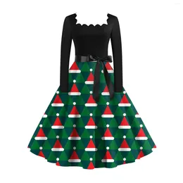 Sıradan Elbiseler Kış Noel Kadınları 50s 60s Vintage Square Boyun Swing Pinup Zarif Parti Elbise Uzun Kollu Baskı Siyah