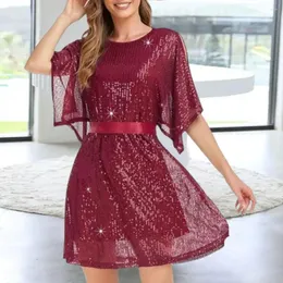 Casual Dresses Women Prom Dress Loose Half Split Bat Sleeve O Neck Evening Shiny Sequin Double-Layered Belt Tight High midje Lady