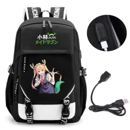 Väskor Anime Miss Kobayashis Dragon Maid Backpack School Book Bags Mochila Travel USB PORT BAPT APPOP BOY GIRLS Ryggsäck
