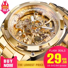 Kits Forsining Fashion Transparent Retro Men's Automatic Mechanical Watch Top Brand Luxury Full Golden Luminous Hands Skeleton Clock