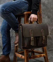 Винтажный мужской портфель сумасшедший лошадь подлинная кожаная мужская сумочка для ноутбука с большой пакетом портфолио на плече.