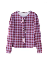 Women's Blouses Aonibeier Plaid Print Women Casual Blouse 2024 Summer Long Puff Sleeve Bow Patchwork Buttons Female Top Shirt Y2K