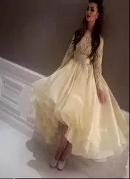 Últimos vestidos de celebridades de primeira linha Myriam Fareslight amarelo vestido de baile de baile de raio de renda de renda de renda de renda de manga comprida