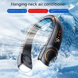 Portable Air Coolers Portable Neck Fan USB Laddning Tyst LED Digital Display Bladeless Mini Electric Fan med LED-lampor 5-växlad luftkylfläkt Y240422