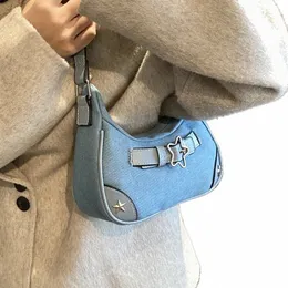 linke Sterne Design kleine Denim -Unterarm -Taschen für Frauen 2024 Y2K Korean Fi Crossbody Bag Lady Dady Umhängetasche Handtaschen x6he#