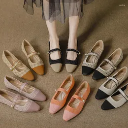 Casual Shoes Brand Mixed Color Weaving Flats Women Ankle Strap Pearl Mary Janes Stretch Fabric Ballerina Woman Sticking Moccasins