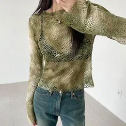 Women's T Shirts H's European And American Clothing Green Jungle Tie-Dyed Elements Fishnet Cut Out Long-Sleeved Blouse Bandage Dress Sexy