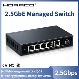 Switches HORACO 2.5GbE Managed Switch 5 Port 2500Mbps Network 10G SFP+ Slot Uplink Web Managed Link Aggregation Hub Internet Splitter