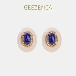 Ohrringe Geezenca Natural Lapis Lazuli 925 Sterling Silber Oval kleine Ohrringe für Frauen Zirkon 18k Golden einfacher Ohrring 2023 Sommer