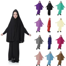 Clothing 2 Pcs Muslim Kids Girls Arab Kaftan Dubai Prayer Robe Islamic Abaya Hijab Big Scarf + Skirt Burka Clothing Suit Ramadan Fashion