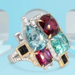Zespoły Huitan Wspaniałe kolorowe sześcienne pierścionki cyrkonowe dla kobiet Twotone metal design impreza Weddna Oświadczenie Kobieta Nowa biżuteria