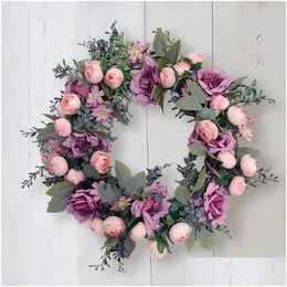 Decorative Flowers Wreaths Artificial Wreath Peony Rose Garland Front Door Hanging With Leaves Vine Spring Summer For Farmhouse Of Dhix4