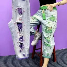 Women's Jeans 2024 Summer Style Beaded And Broken Hole Colored Elastic Free Loose Fashion Thin For Women