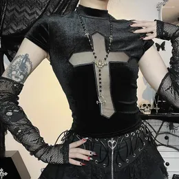 Kadın Tişörtleri Isarose Gotik T-Shirt Kadınlar için Seksi Hollow Out Mesh Cross Half Belktleneck Siyah İnce Yumuşak Velvet Kısa Kol Yaz Mahsulü