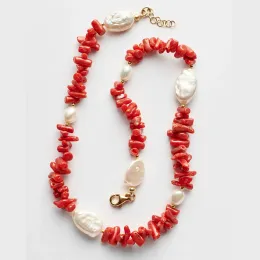 목걸이 Scott의 휴일 Sardinian Red Coral Natural Freshwater Keshi Pearls Choker 이탈리아 고급 칩 가닥 목걸이 여성