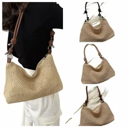 zipper Straw Woven Crossbody Bag Large Capacity Bohemian Style Woven Shoulder Bag Adjustable Shoulder Strap Handmade 45hO#