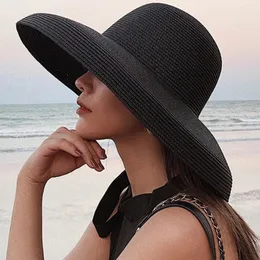 HT2303 Summer Sun Hats Ladies Solid Plain Elegant Wide Brim Hat Female Round Top Panama Floppy Straw Beach Hat Women 240418