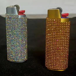 Tändare Fashion Bling Rhinestone Crystal Lighter Case Cover Sleeve Metal Shiny Lighter Holder For Bic Full Standard Size Lighter Type J6 T240422