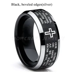 Bandas de 8 mm de tungstênio carboneto -de -casamento para homens mulheres gravadas Christ Cross Bíblia Escrituras do Senhor Anel de Oração Comfort Fit Fit