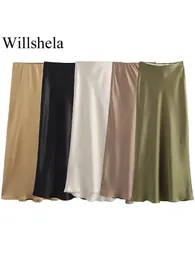 WILLSHELA MULHERES Moda Cetin Solid plissado Midi Skirt vintage Canda elástica média feminina feminina Saias de senhora 240418