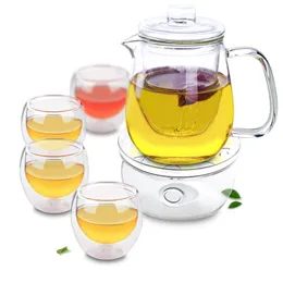 Set di stoviglie 1x set di tè limpido -750 ml Teapot in vetro resistente al calore 4x 80 ml tazze a parete doppia 1 x caldo a forma rotonda