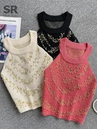 Singreiny Knit Beading Elegant Summer Top Women Off Shoulder Solid O Neck Fashioin Ladies High Quality Sexy Tank Top 240421