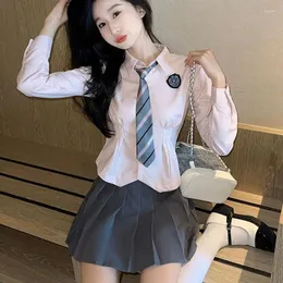 Giyim setleri Japon Kore tarzı kolej okul kostümü pembe bel bant üniforma gömlek baharatlı kız uzun kollu pileli kısa üst jk seti
