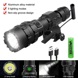 Scopes Super Bright LED Hunting Flashting Flashtical Strong Tactical 10W L2 سلاح ضوء الضوء 5 أوضاع+بندقية نطاق جبل+مفتاح+18650+شاحن