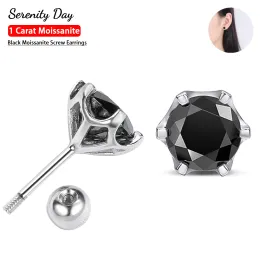 Küpe Serenity Günü 5mm 6.5mm Gerçek Siyah Moissanit Vidalı Küpeler Kadınlar İçin Düğün% 100 S925 STERLING Gümüş Plaka PT950 Güzel Mücevherat