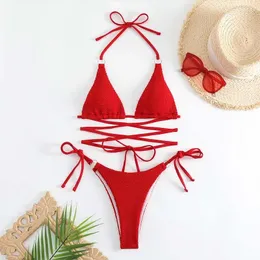 Damen Bikini Bikini Set sexy Wein Rothalter Micro Thong Mujer String Cross Schnürung Mini Badeanzüge Frauen baden Schwimmanzug Abnutzung