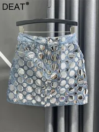 DEAT 2024 Summer Fashion Womens Denim Skirt High Waist Circular Sequin Patchwork Wrap Hip Blue Short Mini Skirts 29L4143 240422