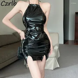Casual Dresses Black Leather Halter Women Pu Sexy Backless Fashion Slit Mini Party Mature Empire Temperament Female Sheath Korean Style