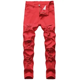 Mens Denim Jeans Hole Ruined Trousers Designer Brand Silm Straight Ripped Pants Distressed White Red Black Large Size 240420