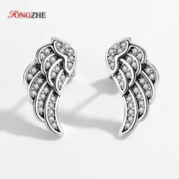 Örhängen Tongzhe Wedding Gift Authentic 925 Sterling Silver Vintage Feather Long Stud Earrings for Women Angel Wings smycken brincos