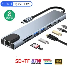 Hubs USB C HUB 3.0 USB Splitter 8 in 1 Type C to HDMI RJ45 PD 87W Adapter USB 3.0 HUB With SD TF TypeC 3 Hab For Macbook Air iPad