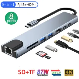 Hubs USB C Hub 3.0 USB Splitter 8 I 1 Typ C till HDMI RJ45 PD 87W Adapter USB 3.0 Hub med SD TF Typec 3 Hab för MacBook iPad