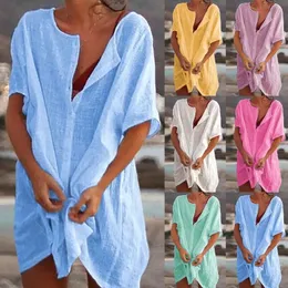 2024 Sexy Beach Swimsuit Coverup Blouse рубашка хлопковое льняное длинное модное повседневное платье с твердым цветом 240419