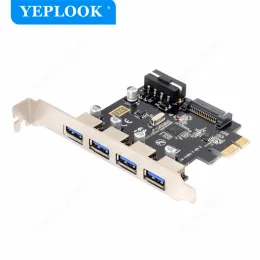 Cartas PCIE a 4 Porta USB3.0 Cartão de expansão com 19pin+SATA Connector de energia dupla PCIE x1 Adaptador Riser Conversor USB 3.0 CHIP VL805