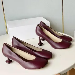 Dress Shoes Burgundy Genuine Leather High Heels Brand Designer Spring Slip-On For Women Banquet Formal Ladies Strange Shape Heel