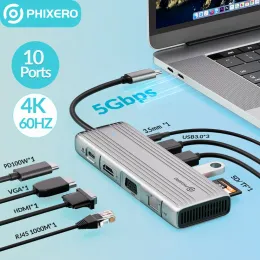 Hubs Phixero USB C HUB TO HDMICAMATIBLE VGA USB 3.0 Адаптер 10 в 1 USB Type C Hub Dock для MacBook Pro Air PD RJ45 SD Reader Reader