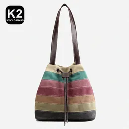 KVKY Colorful Stripes Canvas Women's Bag Beauty Liten Bucket Shoulder Bag Utgående Ctrast Color Female PAGS Patchwork Handbag 10df#